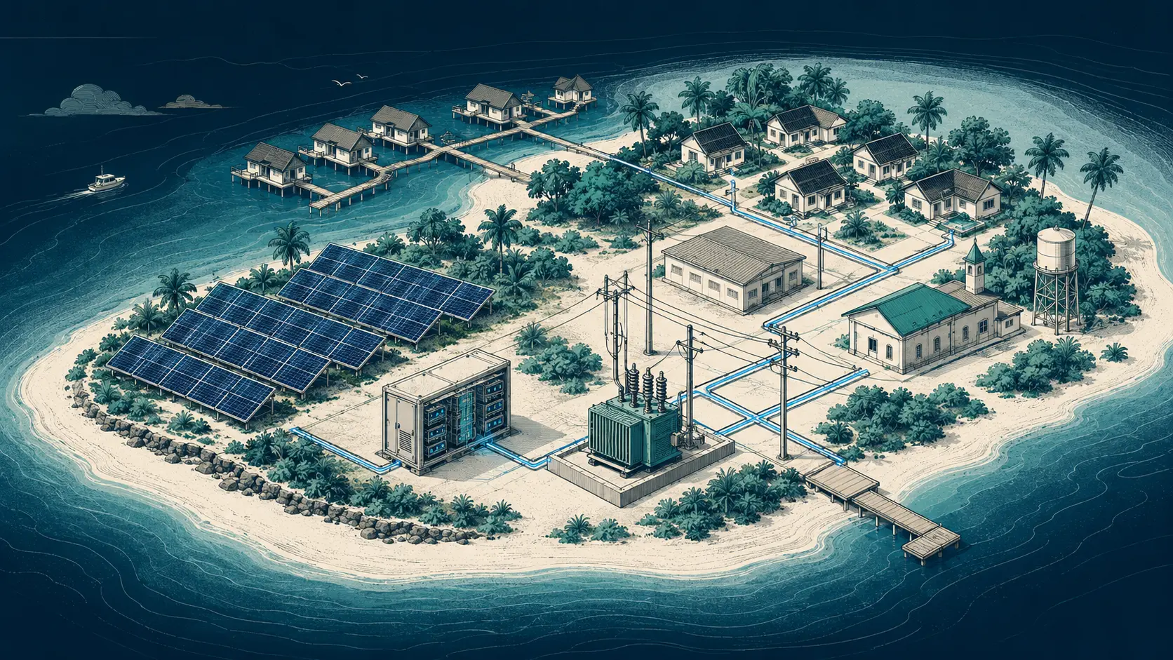 Editorial illustration of an island electrical network with solar panels, battery storage, transformers, and buildings