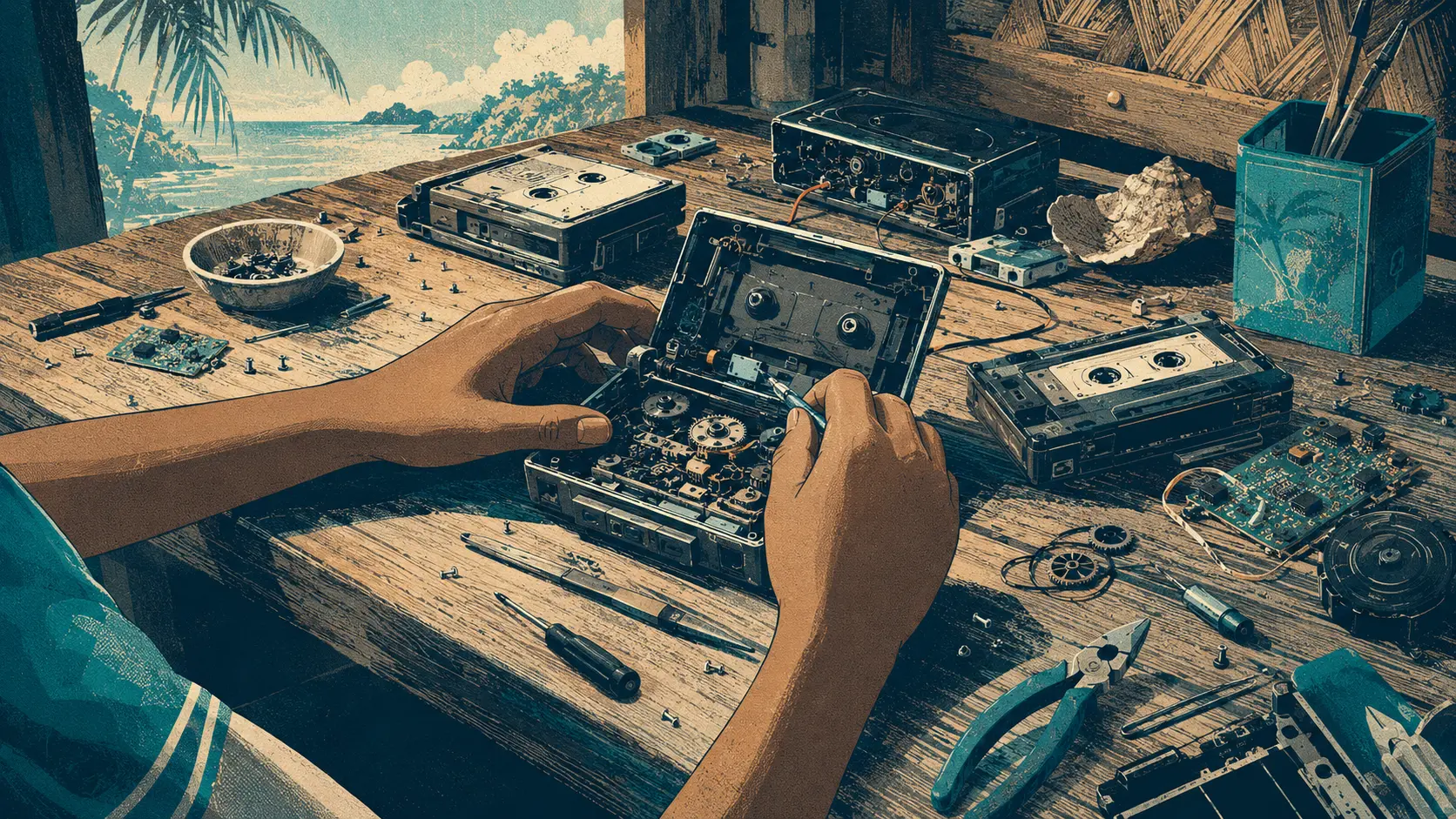 Editorial illustration of a child learning by examining dismantled portable cassette players